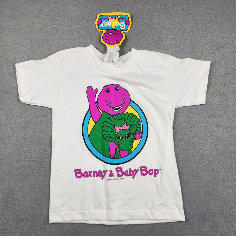 Vintage 1992 Barney & Baby Bop T-Shirt Kids Size 5-6 White Graphic Deadstock NWT